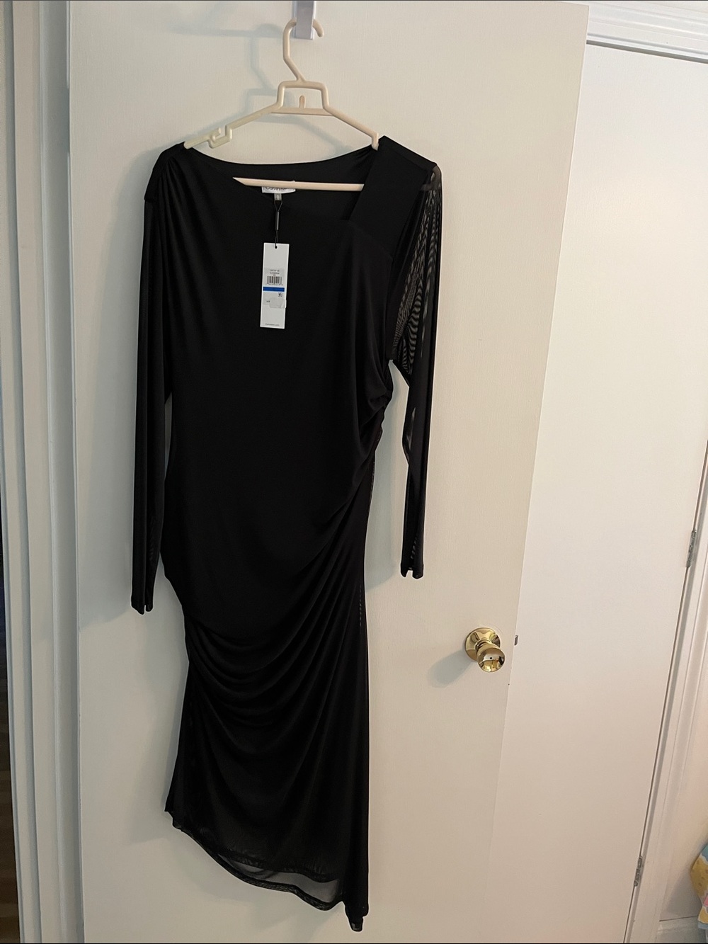 Calvin Klein Black Long-Sleeve Ruched Midi Dress